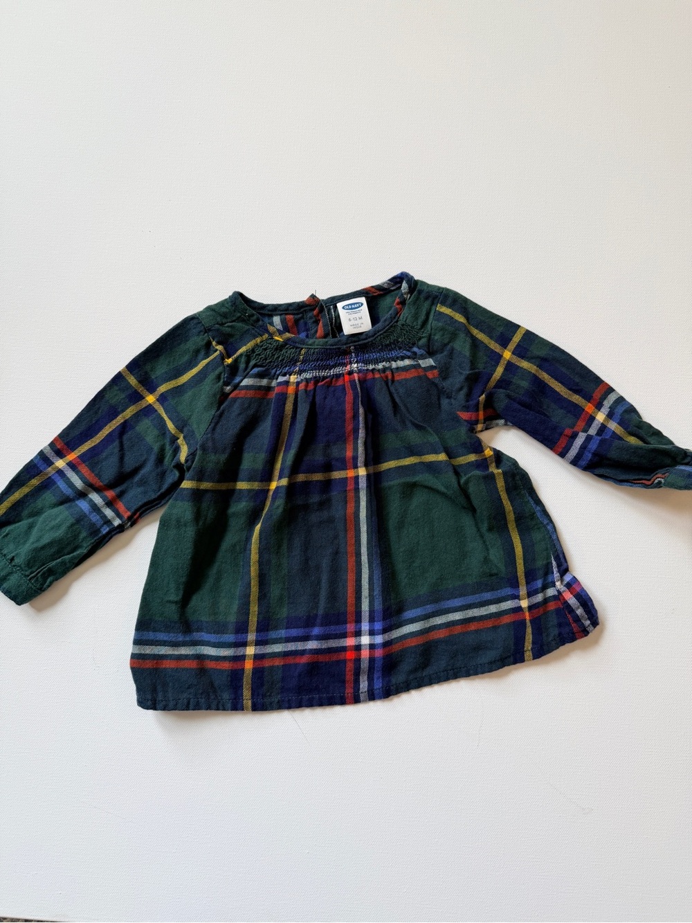 Old Navy Dark Green Plaid Long Sleeve Top with Yellow & Red Stripes